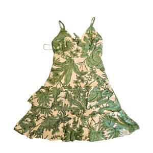 Aqua Green Tropical Print Ruffle Mini Dress Small Tie Back